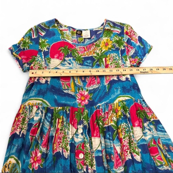 Vtg 90s Bila Colorful Travel Print Crinkle Gauze Midi Dress Sz M Boho Summer - Picture 9 of 10